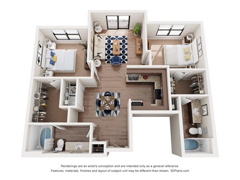A 3D floor plan of a house with a kitchen, living room, dining room, and bathrooms.